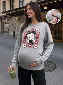 Lyckli Betty Boop x SHEIN Maternity Cartoon Pattern Casual Daily Long Sleeve Sweatshirt Winter - Light Grey - View 1
