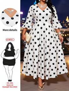 SHEIN CURVE+ Plus Size French Polka Dot Print Ruffle Cuff Dress Cocktail Evening Autumn Formal Elegant 90s 90s We Christmas - Black and White - View 1