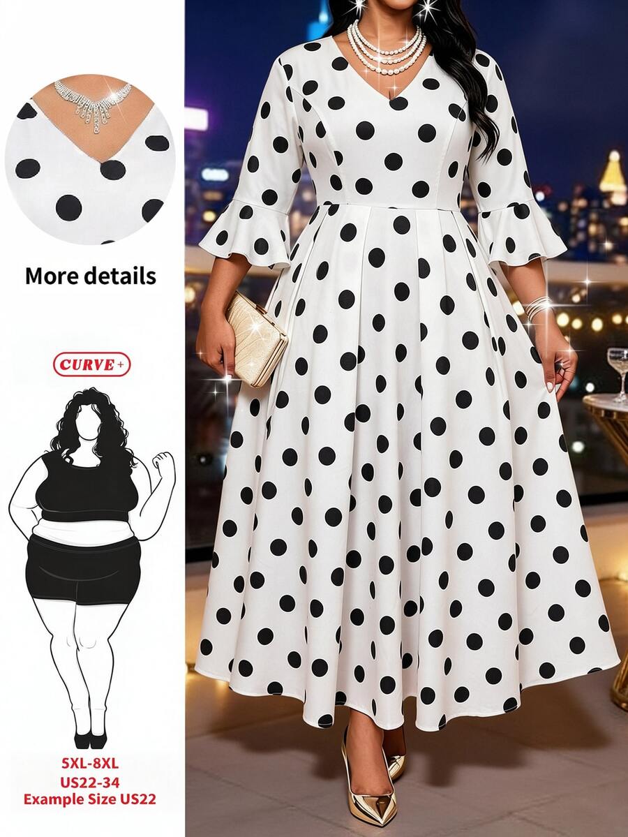 SHEIN CURVE+ Plus Size French Polka Dot Print Ruffle Cuff Dress Cocktail Evening Autumn Formal Elegant 90s 90s We Christmas - Black and White - View 1