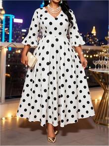 SHEIN CURVE+ Plus Size French Polka Dot Print Ruffle Cuff Dress Cocktail Evening Autumn Formal Elegant 90s 90s We Christmas - Black and White - View 7
