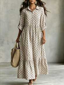 SHEIN LUNE Plus Size Solid Color Button Front Mid-Length Pleated Casual Boho Cottage Core Long Sleeve Shirt Dress With Floral Print Brunch Formal White Autumn - Multicolor - View 5