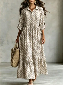 SHEIN LUNE Plus Size Solid Color Button Front Mid-Length Pleated Casual Boho Cottage Core Long Sleeve Shirt Dress With Floral Print Brunch Formal White Autumn - Multicolor - View 6