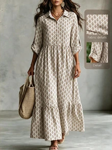 SHEIN LUNE Plus Size Solid Color Button Front Mid-Length Pleated Casual Boho Cottage Core Long Sleeve Shirt Dress With Floral Print Brunch Formal White Autumn - Multicolor - View 2