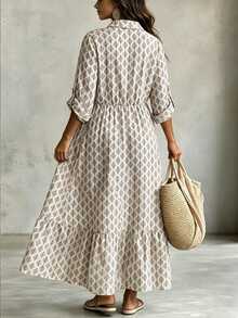 SHEIN LUNE Plus Size Solid Color Button Front Mid-Length Pleated Casual Boho Cottage Core Long Sleeve Shirt Dress With Floral Print Brunch Formal White Autumn - Multicolor - View 3