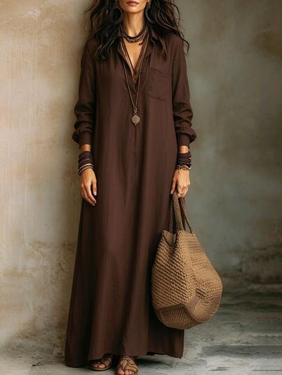 Breezaya Women's Vintage Casual Boho Dark Brown Linen Shirt Dress, Collar HalfButton LongSleeve Loose Maxi Thanksgiving Dress Autumn Vacation