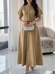 Feyla Gaun Wanita Lengan Pendek Leher V Elegan Panjang Sedang - Coklat - View 13
