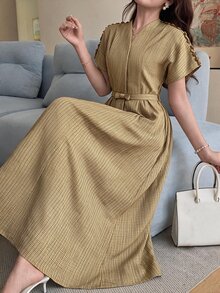 Feyla Gaun Wanita Lengan Pendek Leher V Elegan Panjang Sedang - Coklat - View 2