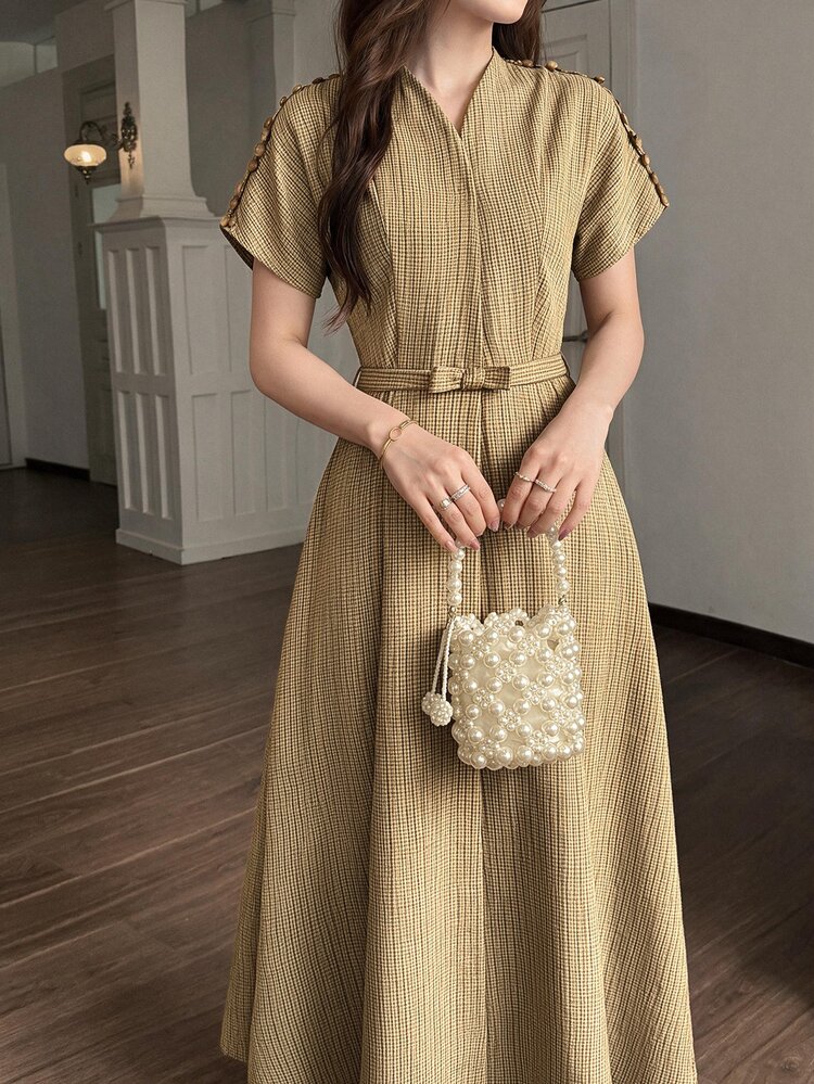 Feyla Women's V-Neck Short Sleeve Elegant Mid-Length Dress - Brown - View 3