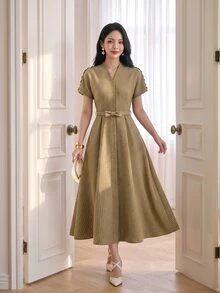 Feyla Gaun Wanita Lengan Pendek Leher V Elegan Panjang Sedang - Coklat - View 9