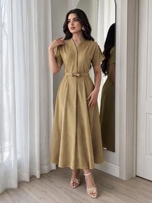 Feyla Gaun Wanita Lengan Pendek Leher V Elegan Panjang Sedang - Coklat - View 7