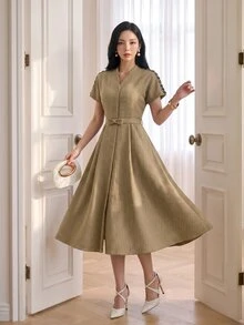 Feyla Gaun Wanita Lengan Pendek Leher V Elegan Panjang Sedang - Coklat - View 10
