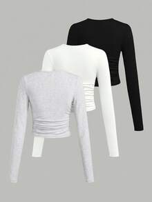 SHEIN EZwear 3件組女款純色圓領T恤 日常外出穿搭 灰色 白色 黑色 秋季休閒 - 彩色 - 查看 2