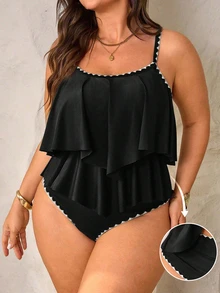 SHEIN Swim Curve 2 Pieces Plus Size Women's Green Camisole Ruffle Trim Top And High Waist Ruffle Hem Pants Set, Summer Beach Vacation Outfit' - Black - View 3