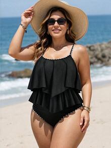 SHEIN Swim Curve 2 Pieces Plus Size Women's Green Camisole Ruffle Trim Top And High Waist Ruffle Hem Pants Set, Summer Beach Vacation Outfit' - Black - View 1