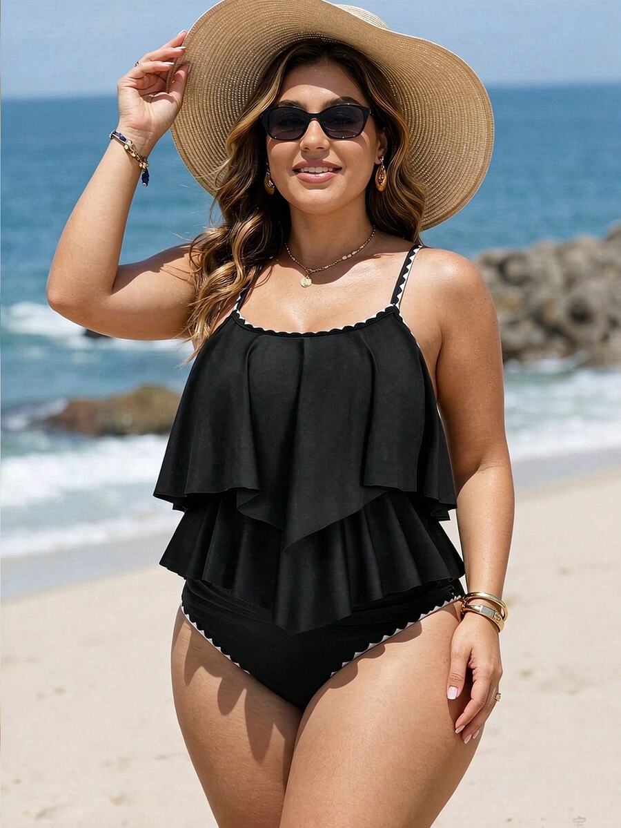 SHEIN Swim Curve 2 Pieces Plus Size Women's Green Camisole Ruffle Trim Top And High Waist Ruffle Hem Pants Set, Summer Beach Vacation Outfit' - Black - View 1