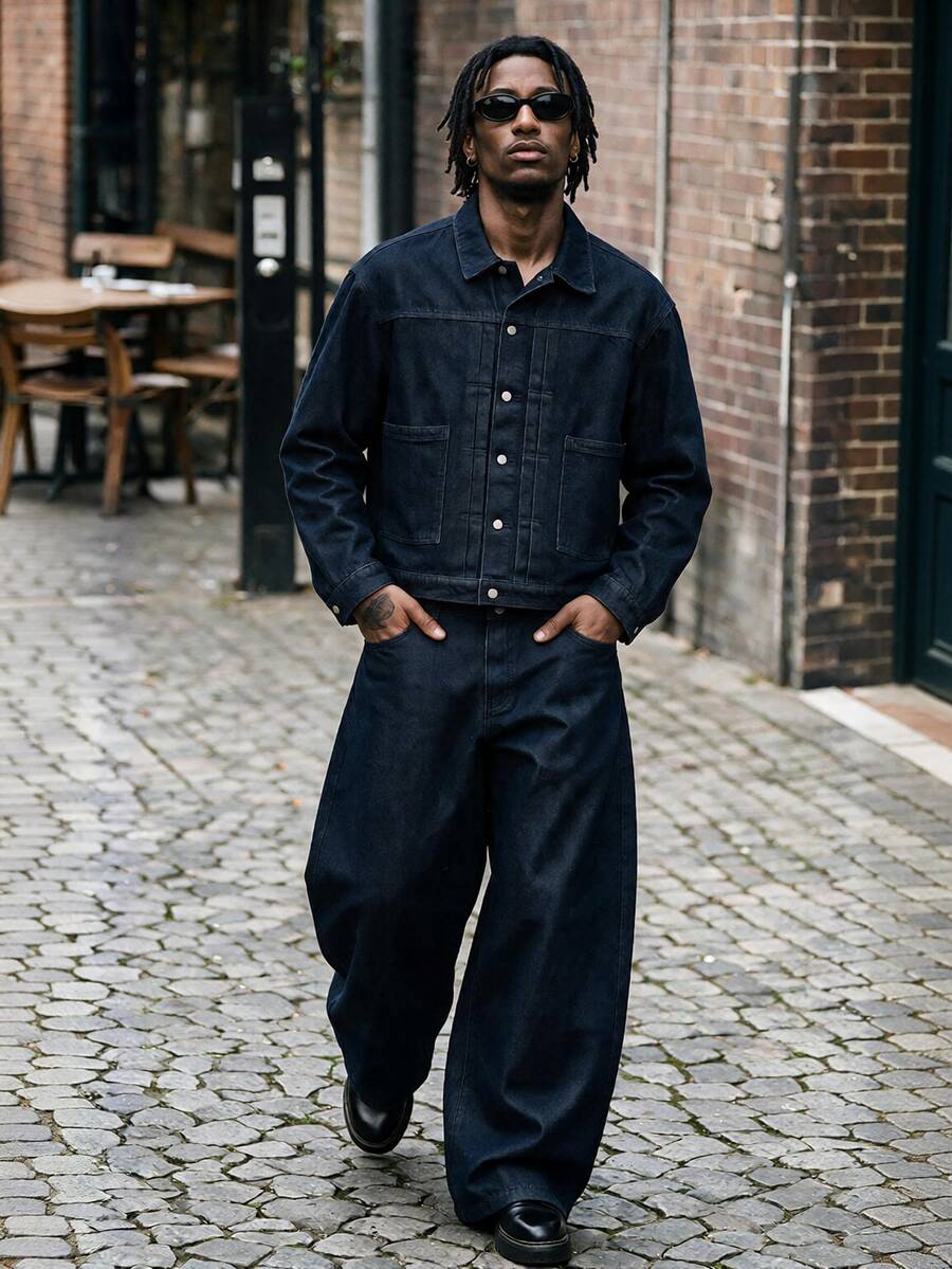 AXEPEAK Men's Single-Breasted Long Sleeve Shirt And Pants Casual Daily Denim Set - Blue - View 1