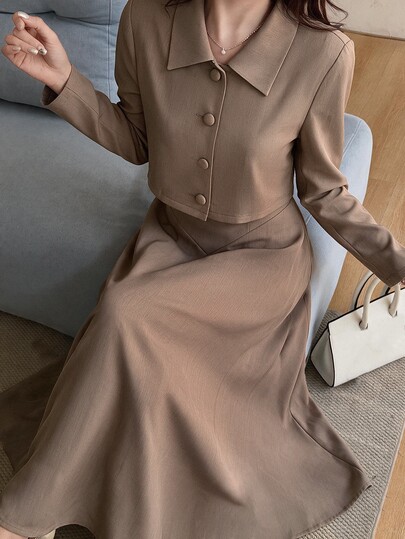 Heiryn Bộ 2 món áo khoác dáng ngắn cài nút đơn mở trước và váy ôm eo màu trơn phong cách tối giản thanh lịch cho nữ, xuân/thu
