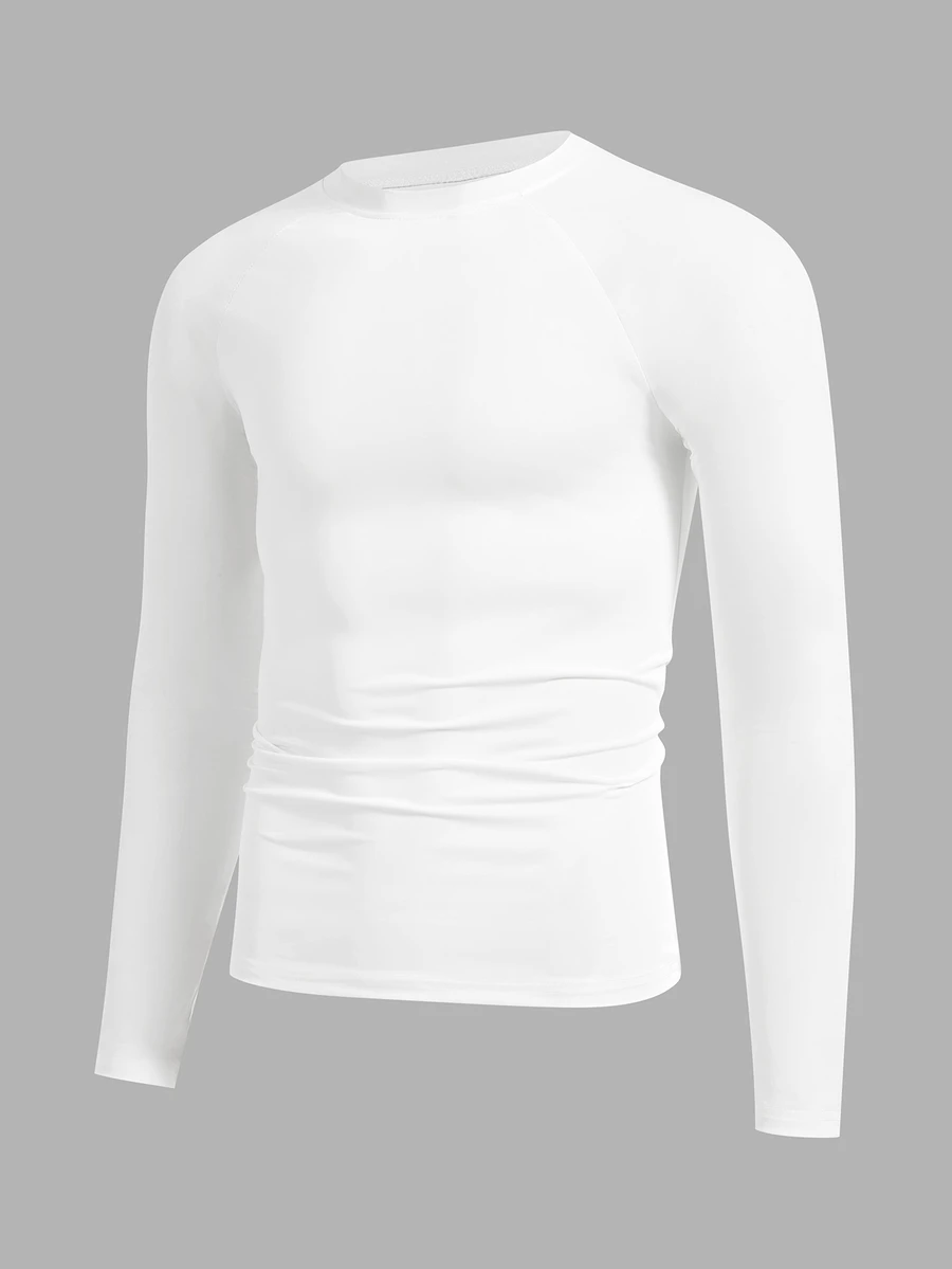 GETOML Men's Casual Solid Color Long Sleeve Rash Guard White Compression Shirt White Gym Tops White Running Top, Vacation, Father's Day Gifts