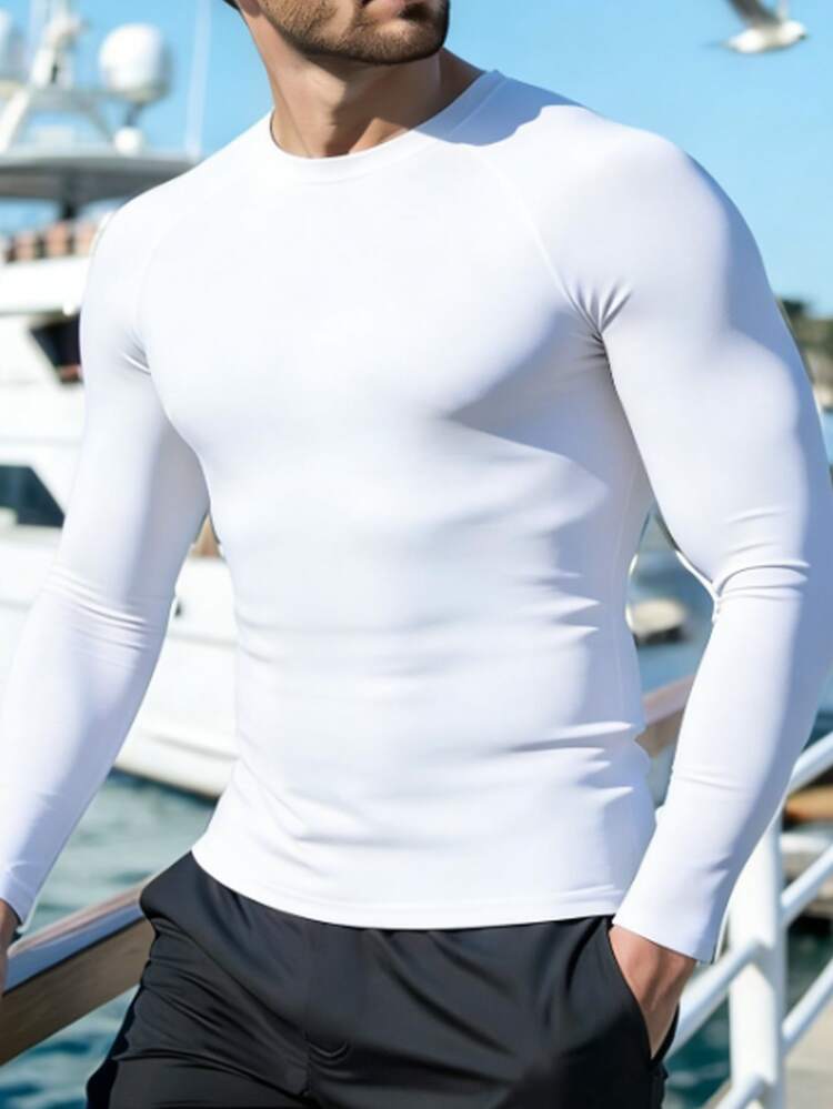 GETOML Camiseta de compresión de manga larga de unicolor casual para hombre, camiseta de gimnasio blanca, camiseta de running blanca, para vacaciones, regalos del Día del Padre - Blanco - Añade 3