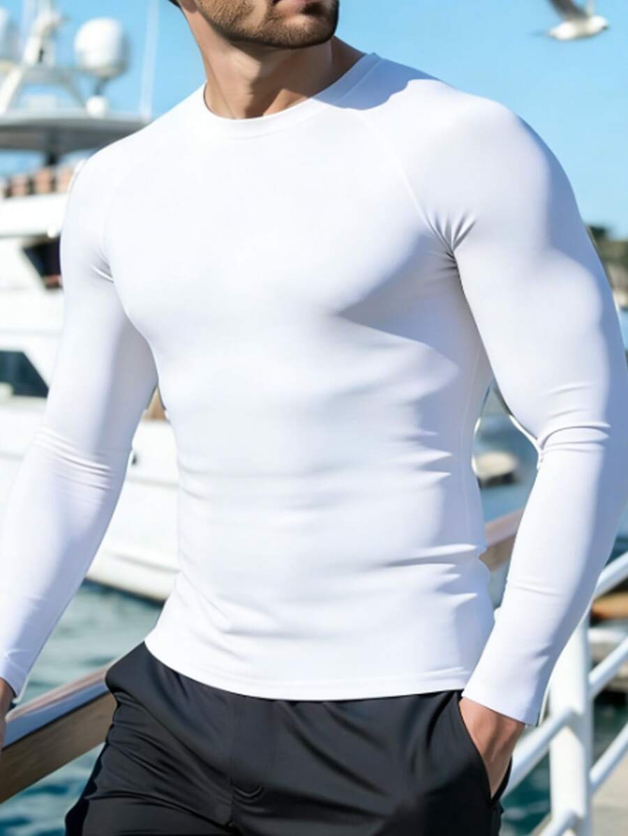 GETOML Men's Casual Solid Color Long Sleeve Rash Guard White Compression Shirt White Gym Tops White Running Top, Vacation, Father's Day Gifts