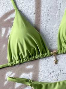 SHEIN Swim Springbreak Women Summer Solid Color Halter Metal Pendant Bikini Set, Sexy Thong Swimwear - Green - View 5