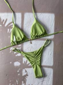SHEIN Swim Springbreak Women Summer Solid Color Halter Metal Pendant Bikini Set, Sexy Thong Swimwear - Green - View 3