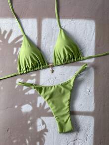 SHEIN Swim Springbreak Women Summer Solid Color Halter Metal Pendant Bikini Set, Sexy Thong Swimwear - Green - View 4