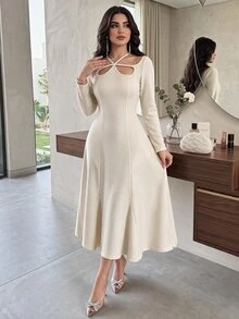 Feyla Cut Out Front Mermaid Hem Dress Brunch Date Tea Party Off White Fall French Elegant - Pearl White - View 2