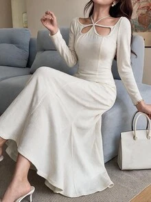 Feyla Cut Out Front Mermaid Hem Dress Brunch Date Tea Party Off White Fall French Elegant - Pearl White - View 1