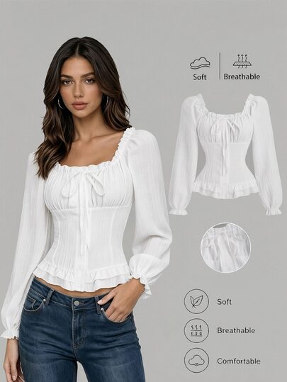 Sweetra Women's White Brick Pattern Collar Cinched Waist Ruffle Tie Cuff Long Sleeve Blouse Everyday Date Autumn Cottagecore Elegant