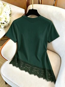 GlowEve CURVE Women's Plus Size Round Neck Lace Patchwork Asymmetrical Hem Solid Color Casual Versatile Daily Short Sleeve T-Shirt - Army Green - View 2