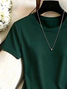 GlowEve CURVE Women's Plus Size Round Neck Lace Patchwork Asymmetrical Hem Solid Color Casual Versatile Daily Short Sleeve T-Shirt - Army Green - View 3