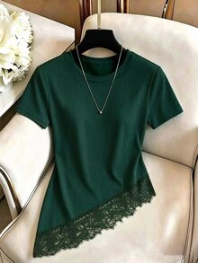 GlowEve CURVE Women's Plus Size Round Neck Lace Patchwork Asymmetrical Hem Solid Color Casual Versatile Daily Short Sleeve T-Shirt - Army Green - View 1