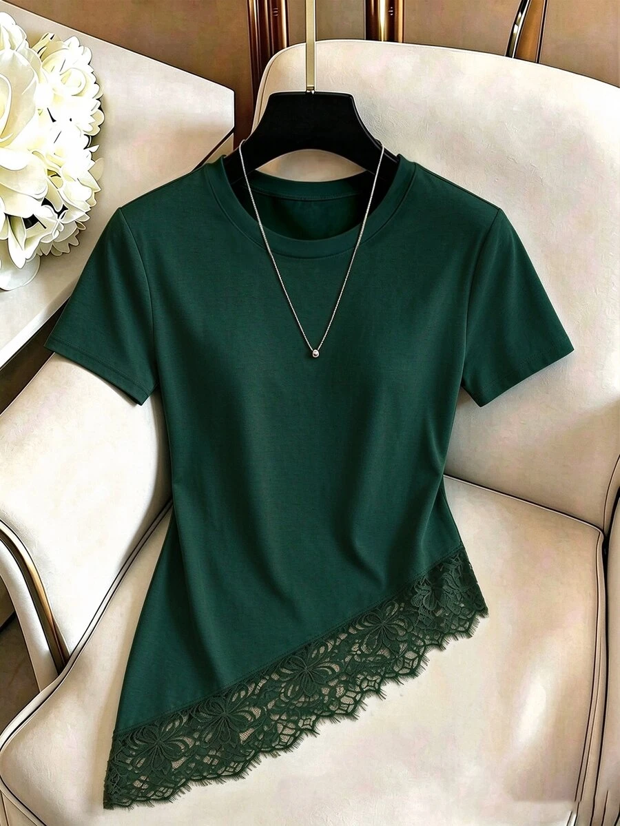 GlowEve CURVE Women's Plus Size Round Neck Lace Patchwork Asymmetrical Hem Solid Color Casual Versatile Daily Short Sleeve T-Shirt - Army Green - View 1