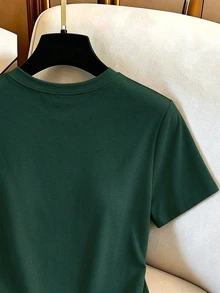 GlowEve CURVE Women's Plus Size Round Neck Lace Patchwork Asymmetrical Hem Solid Color Casual Versatile Daily Short Sleeve T-Shirt - Army Green - View 4