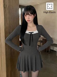 SHEIN ICON Sexy French Cute Sweet Spicy Style Patchwork Dress For Women, Autumn Waist-Cinching 2 In 1 Brunch Black And White Polka Dot - Grey - View 6