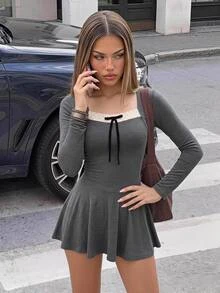 SHEIN ICON Sexy French Cute Sweet Spicy Style Patchwork Dress For Women, Autumn Waist-Cinching 2 In 1 Brunch Black And White Polka Dot - Grey - View 1