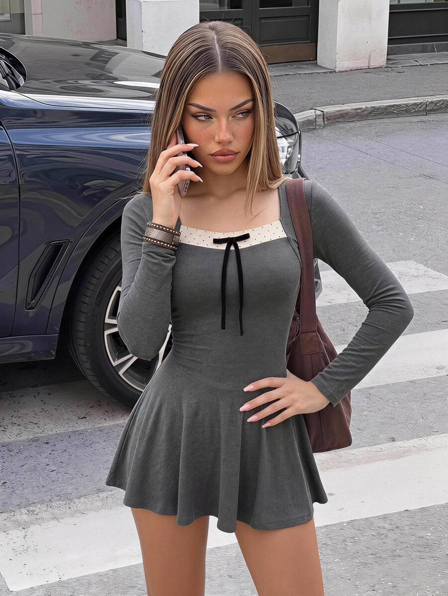 SHEIN ICON Sexy French Cute Sweet Spicy Style Patchwork Dress For Women, Autumn Waist-Cinching 2 In 1 Brunch Black And White Polka Dot - Grey - View 1