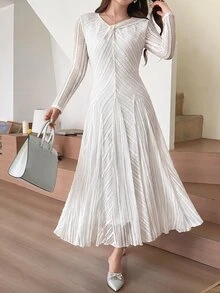 Feyla Women's Solid Color Pleated Casual Party Dress - Apricot - View 9