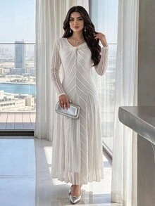 Feyla Women's Solid Color Pleated Casual Party Dress - Apricot - View 2