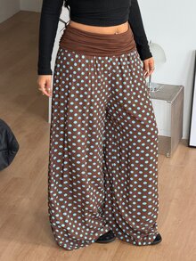 Coolane 女款大尺碼秋季外出正式度假優雅休閒街頭風鄉村音樂會海灘穿搭波西米亞基礎棕色圓點寬腿褲 - 咖啡棕 - 查看 2
