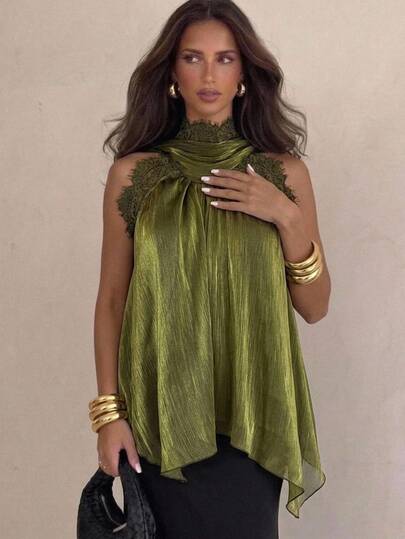Aloruh Women's Elegant Chiffon Lace Patchwork Ruffle Collar Blouse