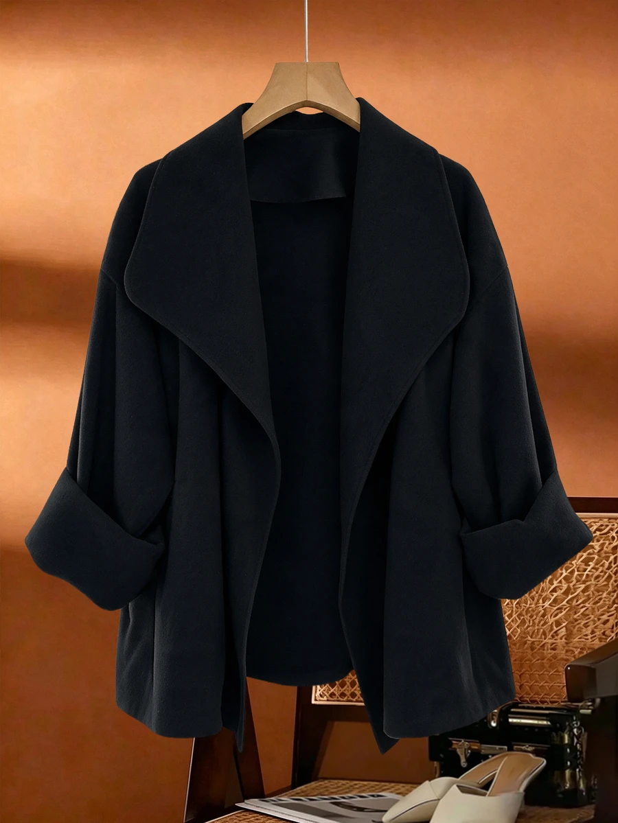 GlowEve CURVE Plus Size Women's Elegant Business Casual Black Lapel Trench Coat, Street Style, Autumn Outfit For Office & Formal Occasions Fall - Multicolor - View 1