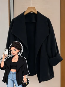 GlowEve CURVE Plus Size Women's Elegant Business Casual Black Lapel Trench Coat, Street Style, Autumn Outfit For Office & Formal Occasions Fall - Multicolor - View 3