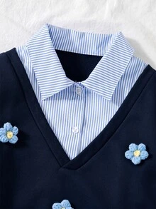 SHEIN Reset Phase 女童秋冬保暖內裡套裝 2件組，3D海軍藍花卉飾邊袖口運動衫搭配藍白百褶迷你裙，適合家庭與學校，可愛風格 - 彩色 - 查看 4