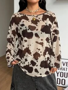 Coolane 女款大尺碼秋冬優雅街頭風 Y2K 休閒寬鬆不對稱領長袖棕色牛紋印花 T-shirt - 棕色 - 查看 4