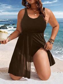 Swim Lushoire Gaun Renang Terusan Wanita Ukuran Besar dengan Motif Kontras dan Tali Jala - Coffee Brown - View 3