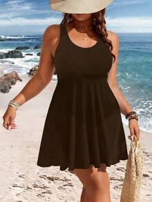 Swim Lushoire Gaun Renang Terusan Wanita Ukuran Besar dengan Motif Kontras dan Tali Jala - Coffee Brown - View 5