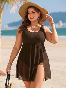 Swim Lushoire Gaun Renang Terusan Wanita Ukuran Besar dengan Motif Kontras dan Tali Jala - Coffee Brown - View 1