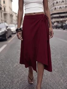 Maija Women's Fall Casual Solid Color Tie Wrap Skirt Vacation Burgundy Red Brunch - Burgundy - View 3
